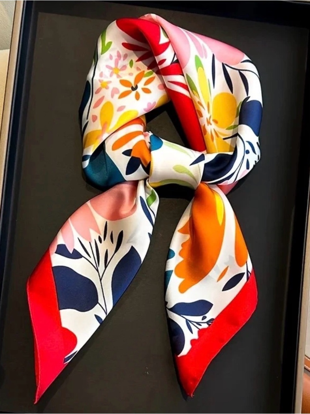 Vibrant Tropical Floral Satin Square Scarf Red Orange Blue